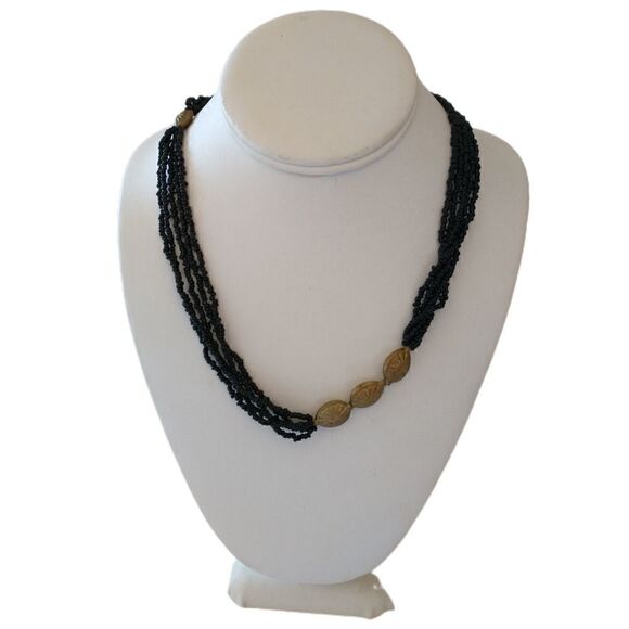 Multi Strand Beaded Necklace LONG 60" Black Seed Beads Brass Colored Stations - Picture 11 of 16
